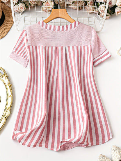 Damen Elegant Gestreifte Bluse mit Knöpfen und V-Ausschnitt – Perfekt für Alltag und Büro