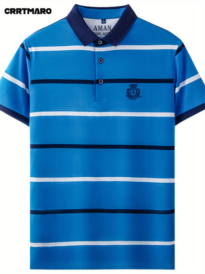 Herren Poloshirt mit Streifenmuster und gesticktem Wappen – Klassisch, Elegant, Freizeit