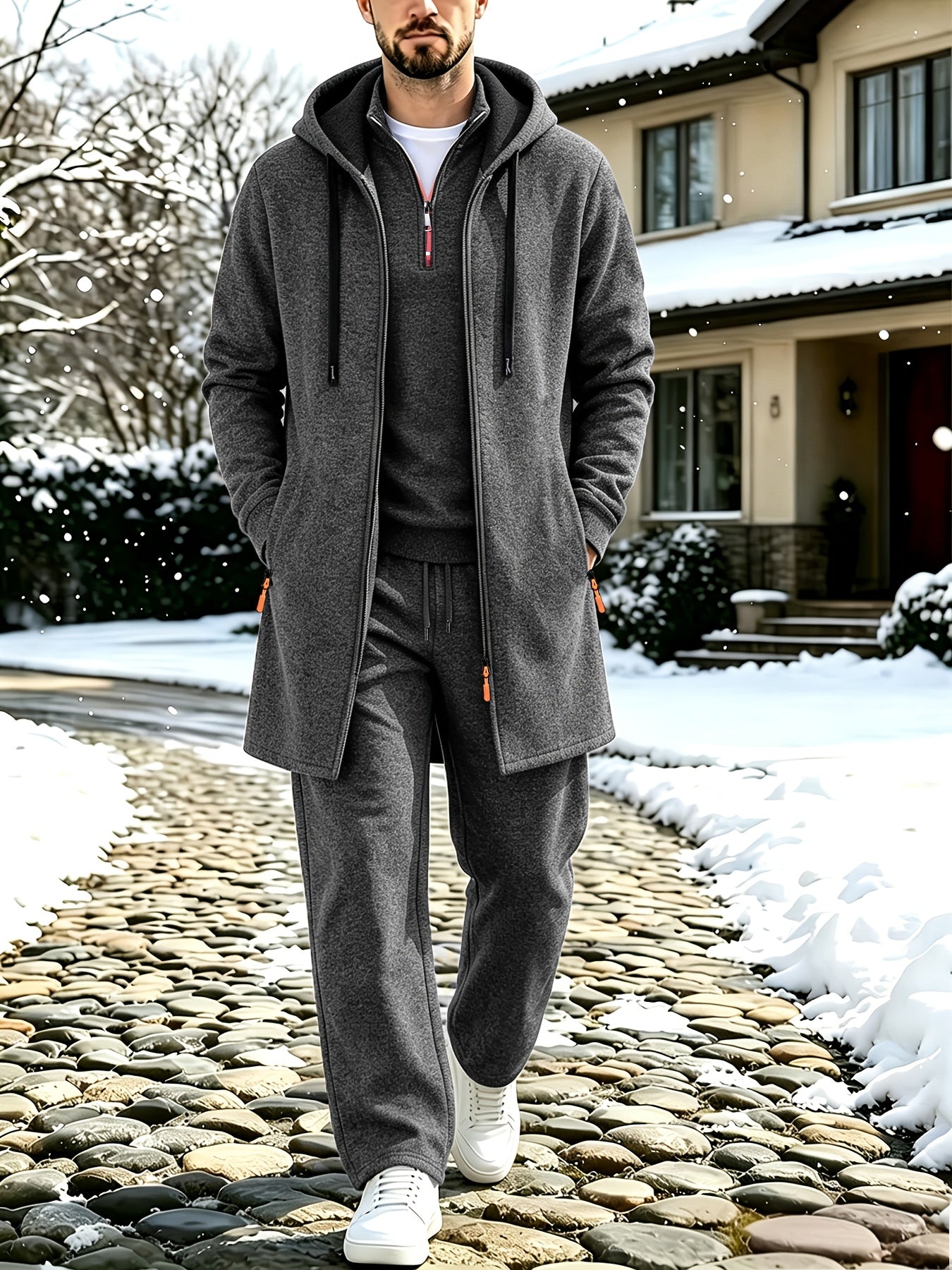 Herren 3-teiliges Sport Freizeit Set meliert: Pullover, Jogginghose & langer Cardigan mit Kapuze