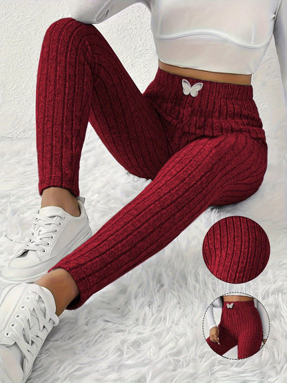 Damen Gerippte Leggings mit Schmetterlingsdetail, Hoher Bund, Weicher Stoff