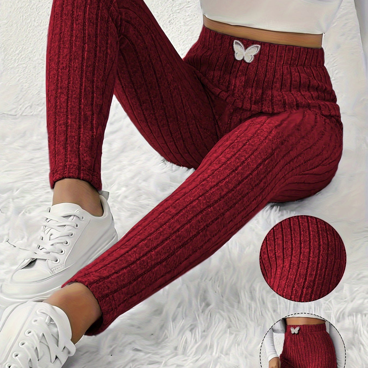 Damen Gerippte Leggings mit Schmetterlingsdetail, Hoher Bund, Weicher Stoff