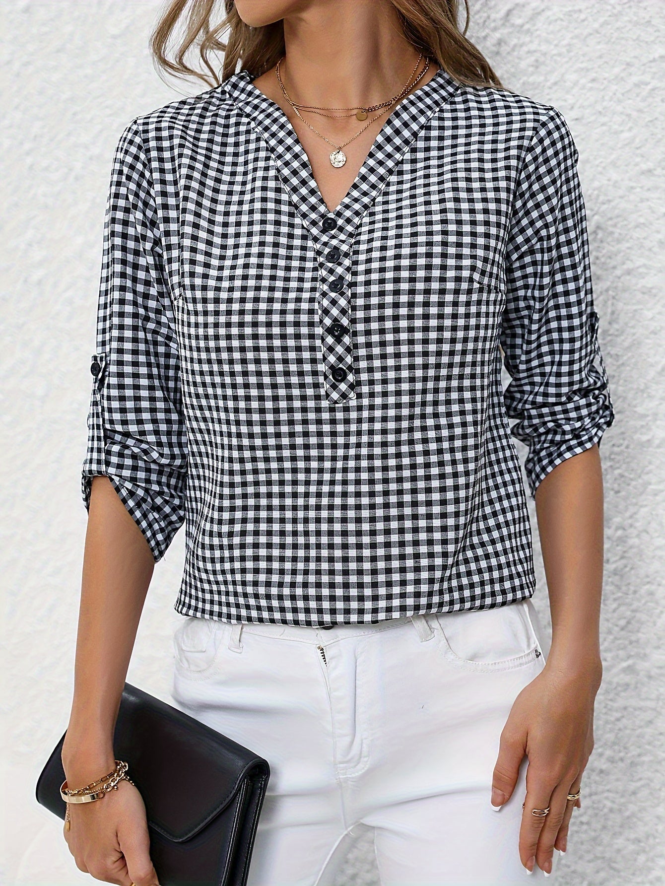 Damen Casual Karo Bluse mit Knopfleiste und 3/4-Ärmeln – Perfekt für Alltag & Büro