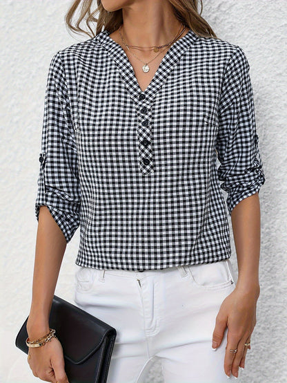 Damen Casual Karo Bluse mit Knopfleiste und 3/4-Ärmeln – Perfekt für Alltag & Büro