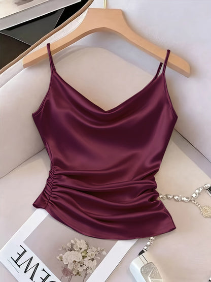 Damen Satin-Camisole mit Wasserfallausschnitt und Raffungen – Elegantes Oberteil für Abend und Party
