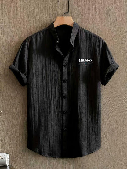 Herren Freizeithemd mit Stehkragen und Milano Print – Sommer Kurzarm, Modernes Design