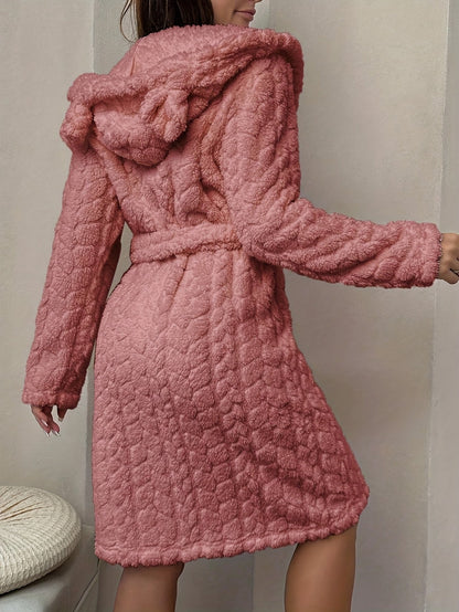 Damen Bademantel Flauschig mit Kapuze & Ohren Bindegürtel Langarm
