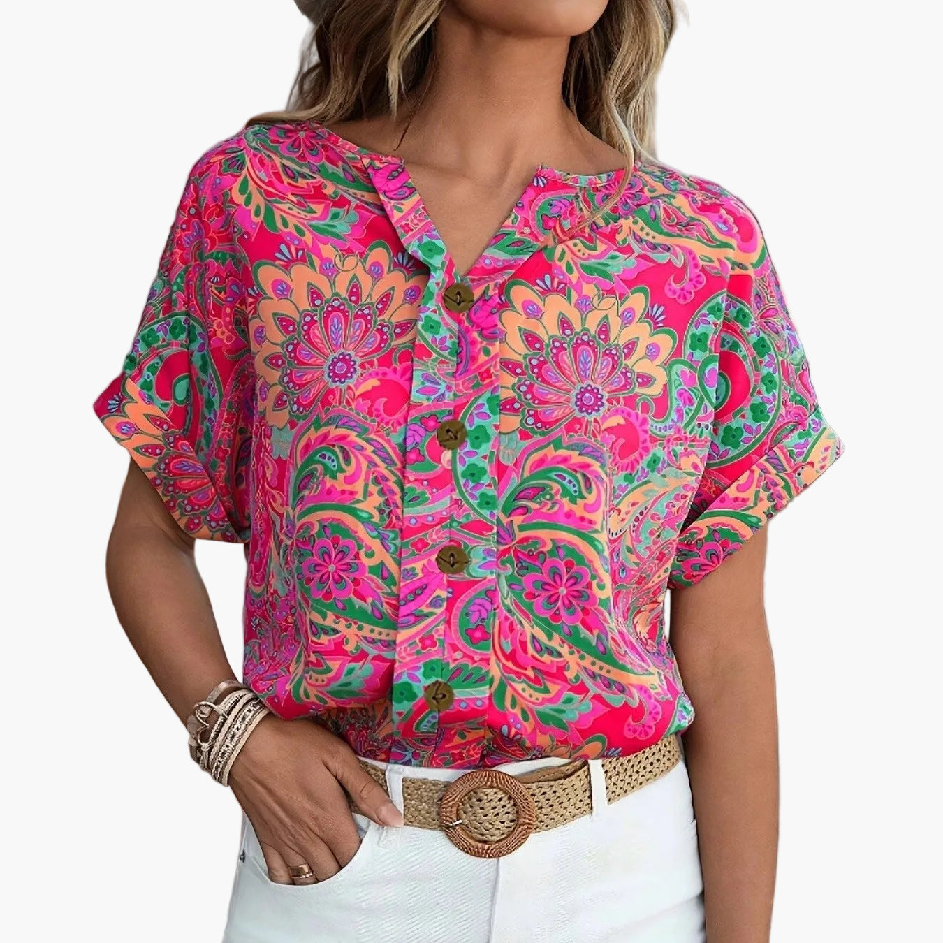 Damen Bluse mit Knopfleiste – Sommerlicher Blumenprint, Kurzarm, Eleganter Freizeit-Look
