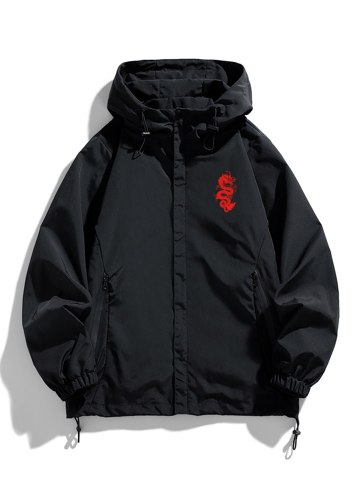 Unisex Windjacke Schwarz mit Kapuze & rotem Drachenmotiv