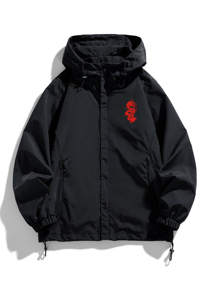 Unisex Windjacke Schwarz mit Kapuze & rotem Drachenmotiv