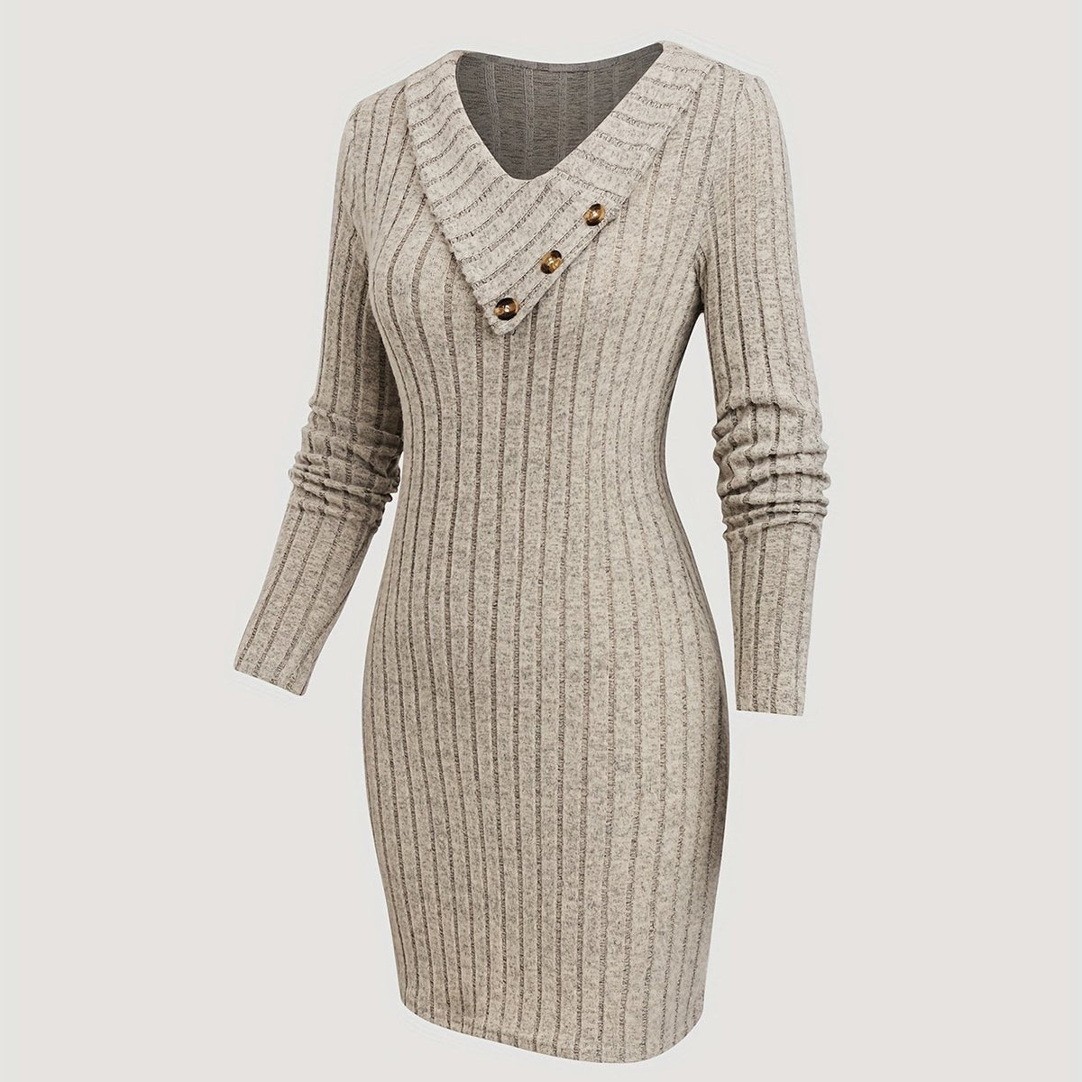 Damen Rippstrick Etuikleid mit V-Ausschnitt und Knöpfen Beige