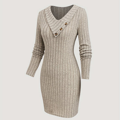 Damen Rippstrick Etuikleid mit V-Ausschnitt und Knöpfen Beige