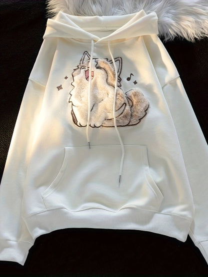 Hoodie Damen Beige mit flauschigem Katzenmotiv und Kapuze