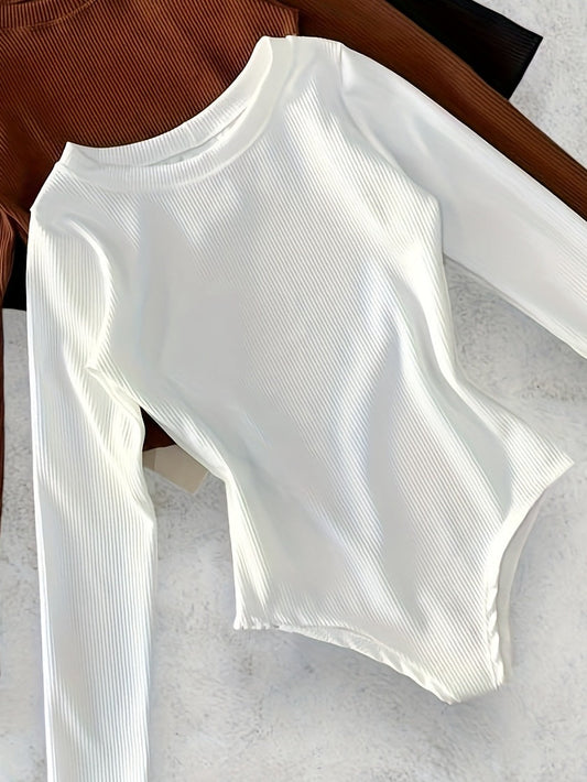 Damen Body Gerippt Langarm Rundhals Weiß