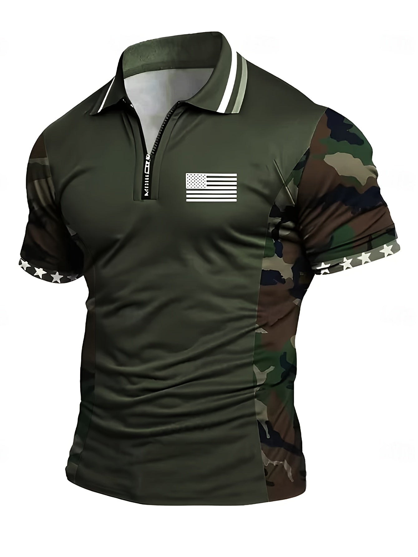Herren Polo-Shirt mit Tarnmuster und Flaggen-Design, sportlich, Viertelreißverschluss, Outdoor-Stil
