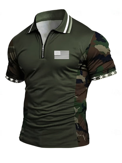Herren Polo-Shirt mit Tarnmuster und Flaggen-Design, sportlich, Viertelreißverschluss, Outdoor-Stil