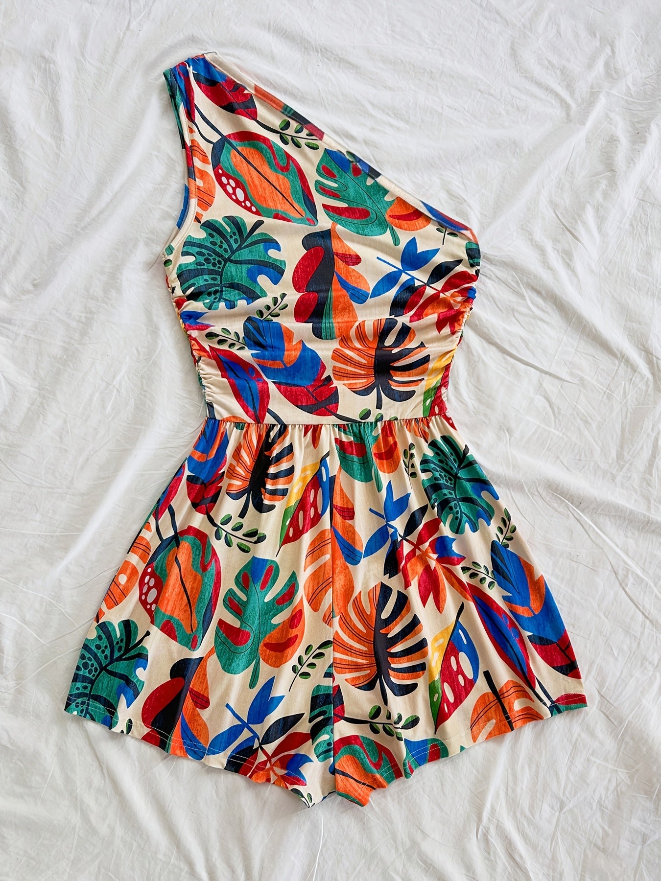 Damen Ein-Schulter-Jumpsuit mit tropischem Print – Modischer Sommer-Overall für Freizeit und Urlaub