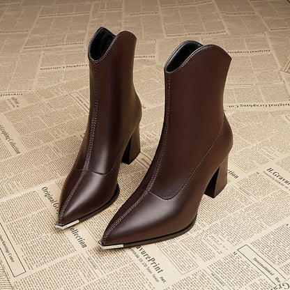 Damen Stiefelette Spitz Zehe Blockabsatz Cowboy-Stil