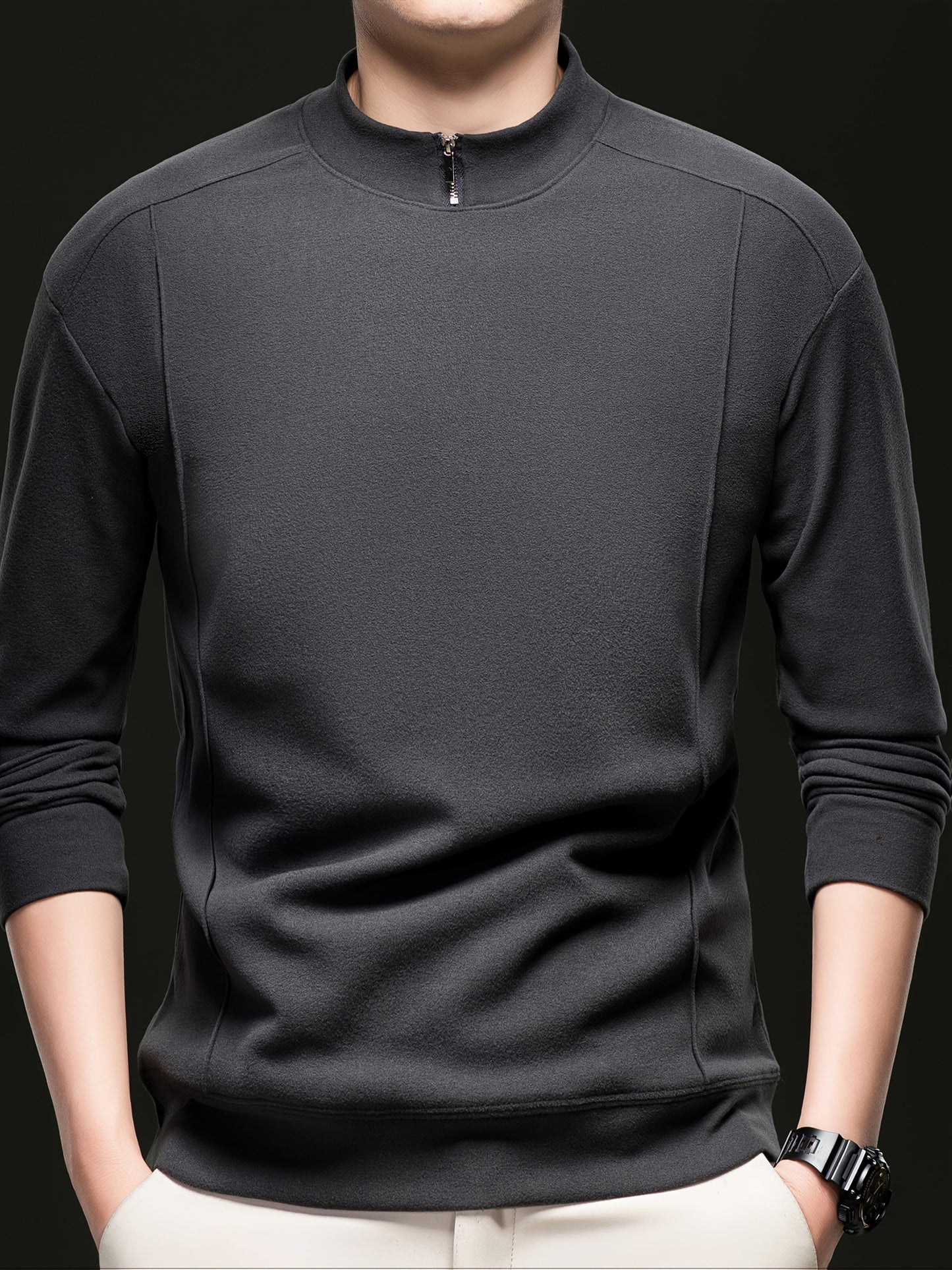 Herren Halb-Reißverschluss Sweatshirt Stehkragen Langarm Weiß