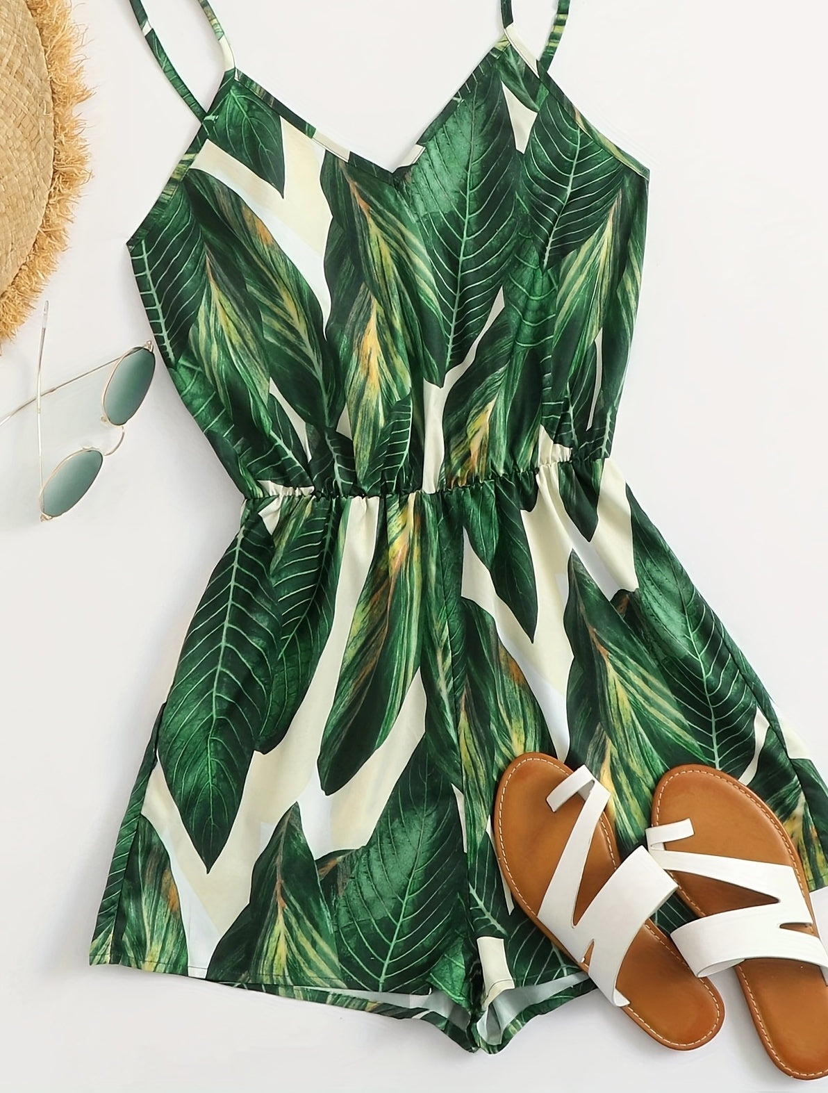 Damen Sommer-Jumpsuit mit tropischem Blätter-Print – Trendiger Einteiler für Urlaub, Strand & Freizeit