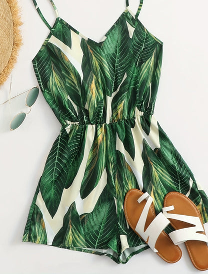 Damen Sommer-Jumpsuit mit tropischem Blätter-Print – Trendiger Einteiler für Urlaub, Strand & Freizeit