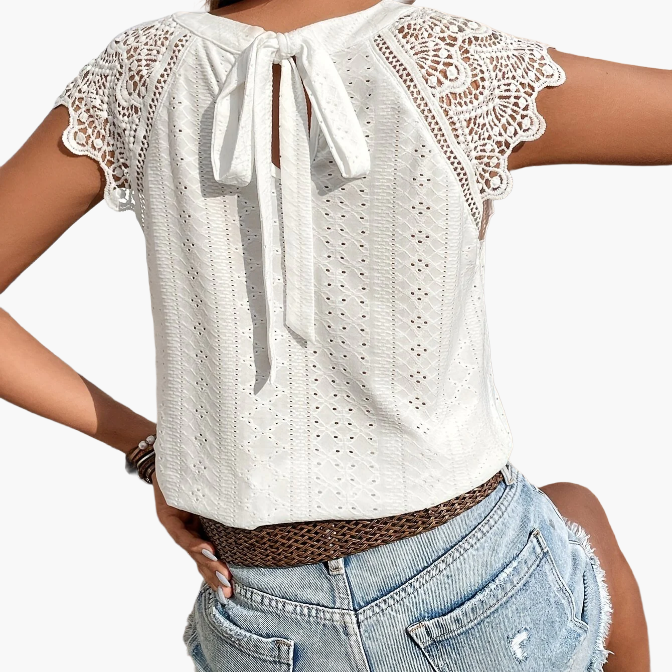 Damen Häkel-Spitzenbluse mit Rückenschleife – Sommerlich, Boho, Casual
