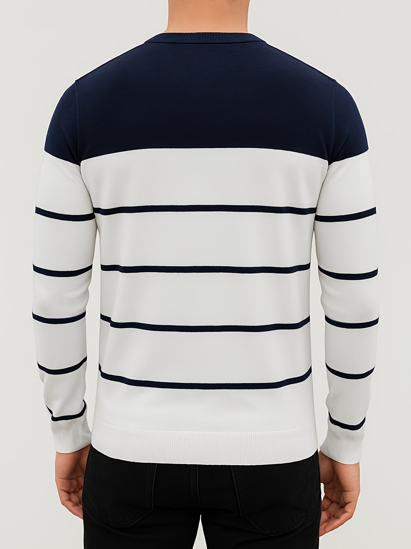 Herren Rundhals Pullover mit Blockstreifen und Rippbündchen