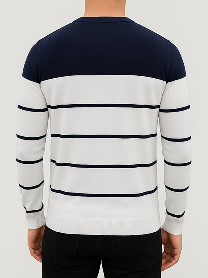 Herren Rundhals Pullover mit Blockstreifen und Rippbündchen