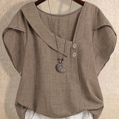Damen Tunika Bluse mit asymmetrischem Ausschnitt und Knopfdetail – Künstlerischer Casual Look