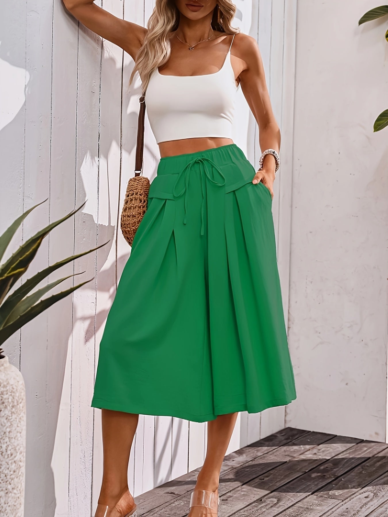Damen Elegante Culotte Caprihose mit weitem Bein für Sommer und Freizeit