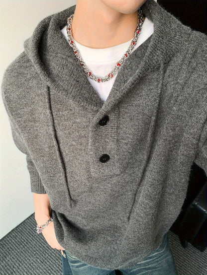 Herren Strick Hoodie Dunkelgrau mit Knopfleiste
