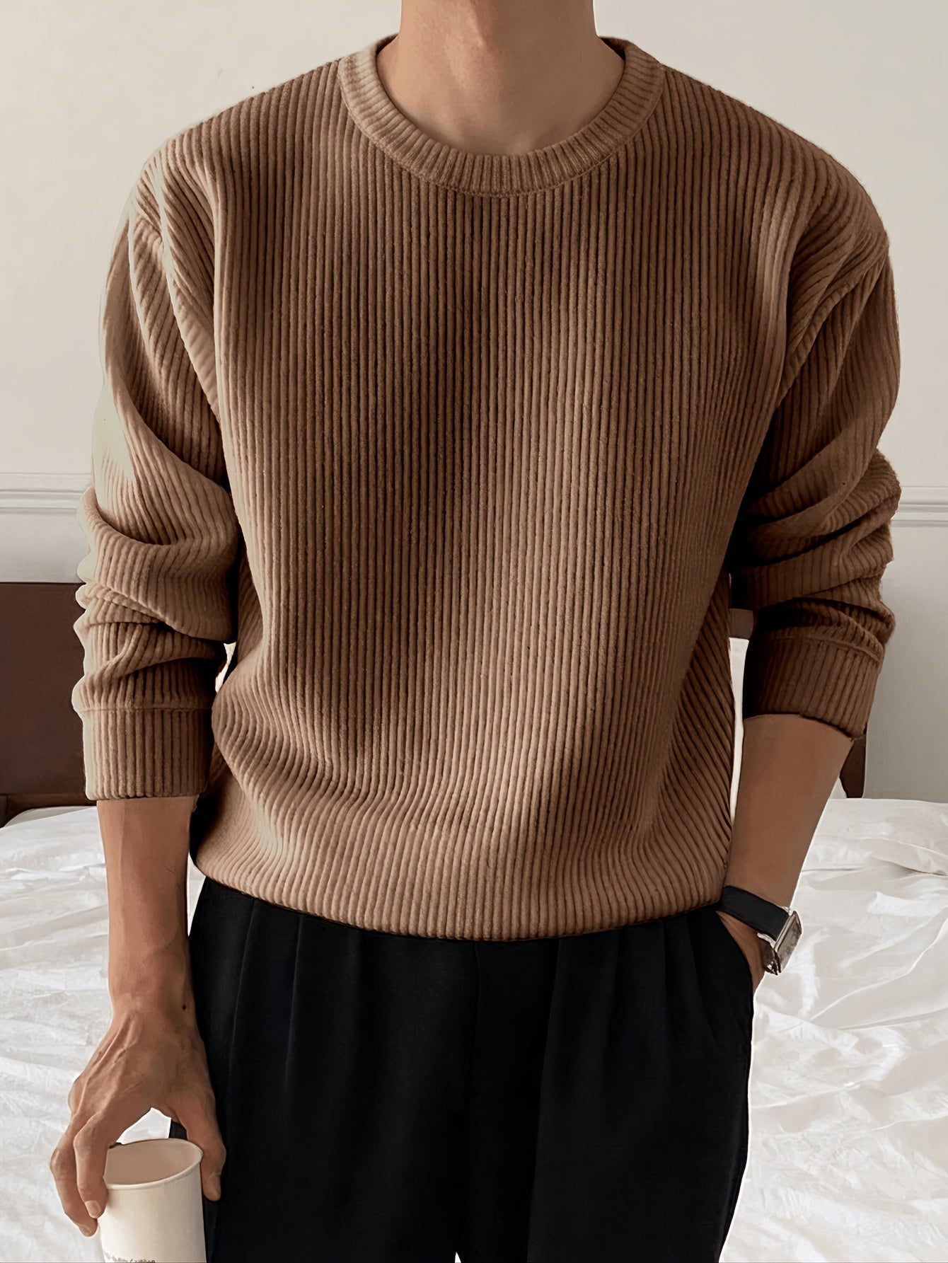 Gerippter Pullover Langarm Rundhalsausschnitt Freizeit Sweater für Herren – Weich & Bequem