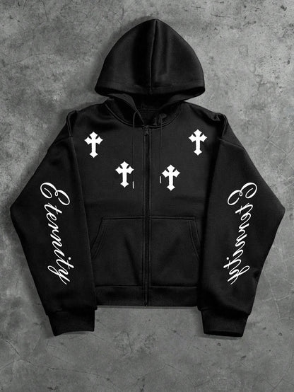 Unisex Reißverschluss Hoodie mit Kreuz- und Schriftzug-Print