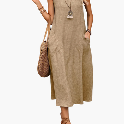 Damen Freizeit Midikleid ärmellos mit Taschen – Sommer Boho Look für Alltag und Urlaub