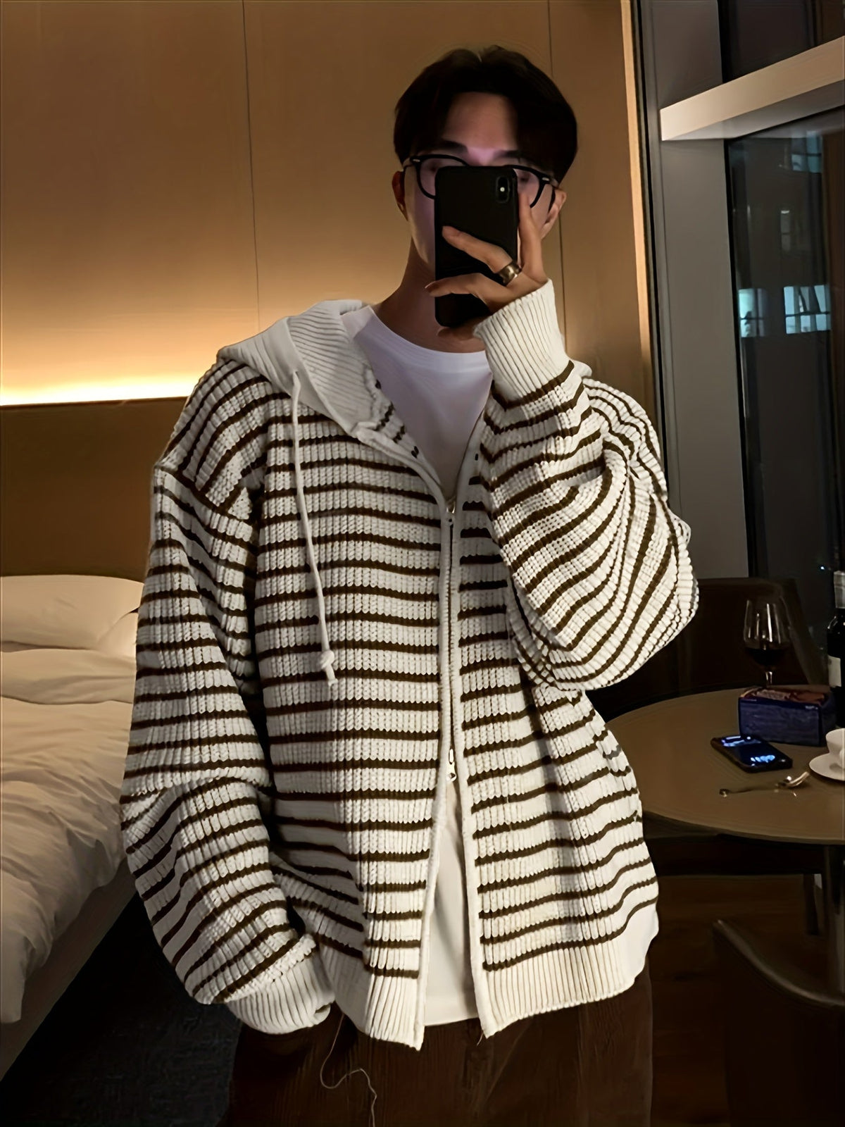 Gestreifter Strick Hoodie Jacke mit Reißverschluss für Herren