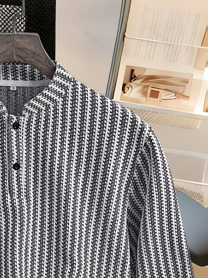 Herren Langarm Henley Shirt mit Streifenmuster – Stilvolles Freizeit- und Business-Oberteil