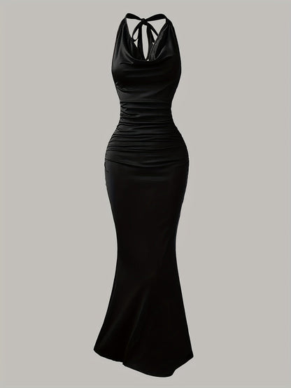 Damen Elegantes Abendkleid mit Wasserfallausschnitt und Rückenbindung – Figurbetontes Maxikleid für besondere Anlässe