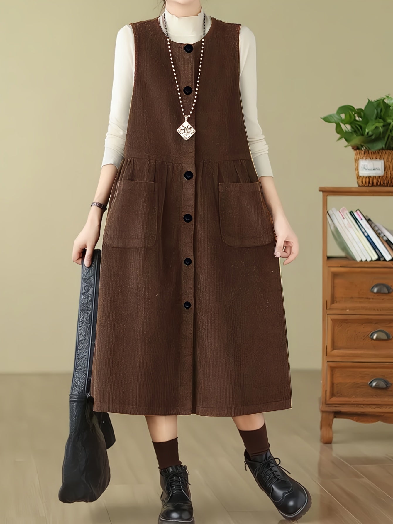 Damen Trägerkleid braun Midi A-Linie mit Knöpfen und Taschen