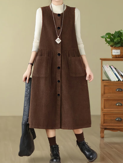 Damen Trägerkleid braun Midi A-Linie mit Knöpfen und Taschen