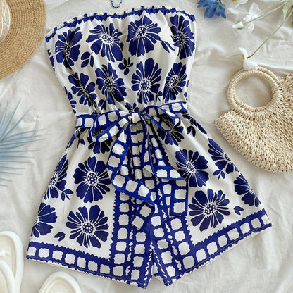 Damen Bandeau-Overall mit Blumenmuster und Taillengürtel – Eleganter Sommer-Jumpsuit für Urlaub & Freizeit