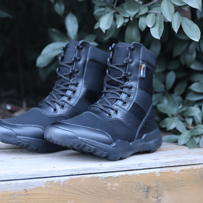 Schwarze knöchelhohe Schnürstiefel mit Profilsohle und Mesh-Einsätzen