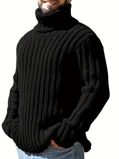Herren Rollkragenpullover, grob gestrickt, Rippmuster, Schwarz
