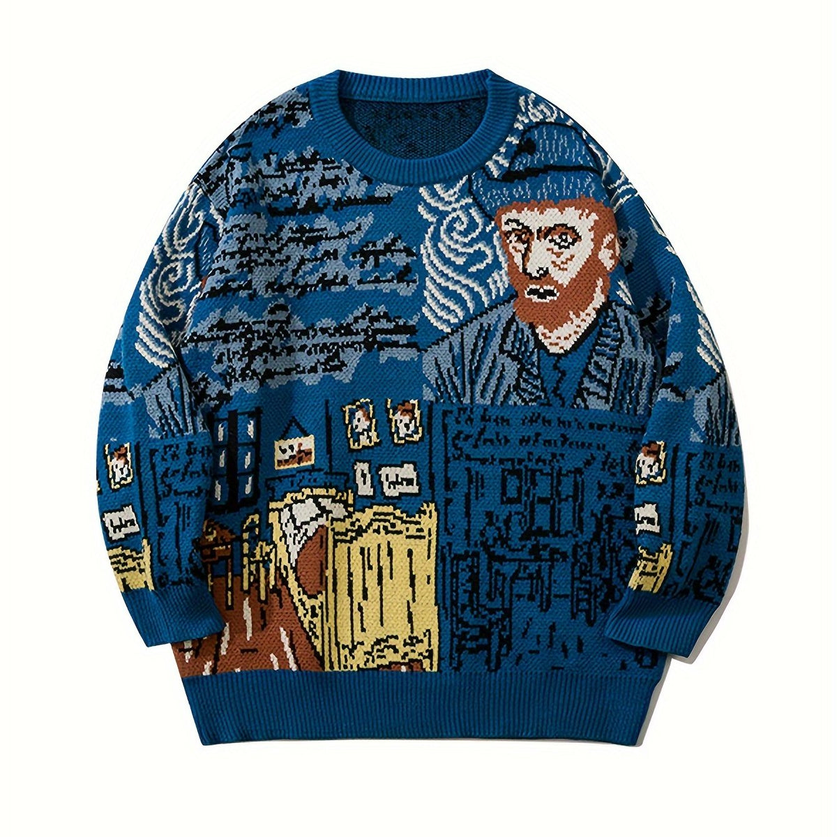 Blauer Strickpullover mit künstlerischem Muster und Rundhalsausschnitt