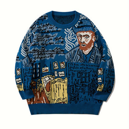 Blauer Strickpullover mit künstlerischem Muster und Rundhalsausschnitt