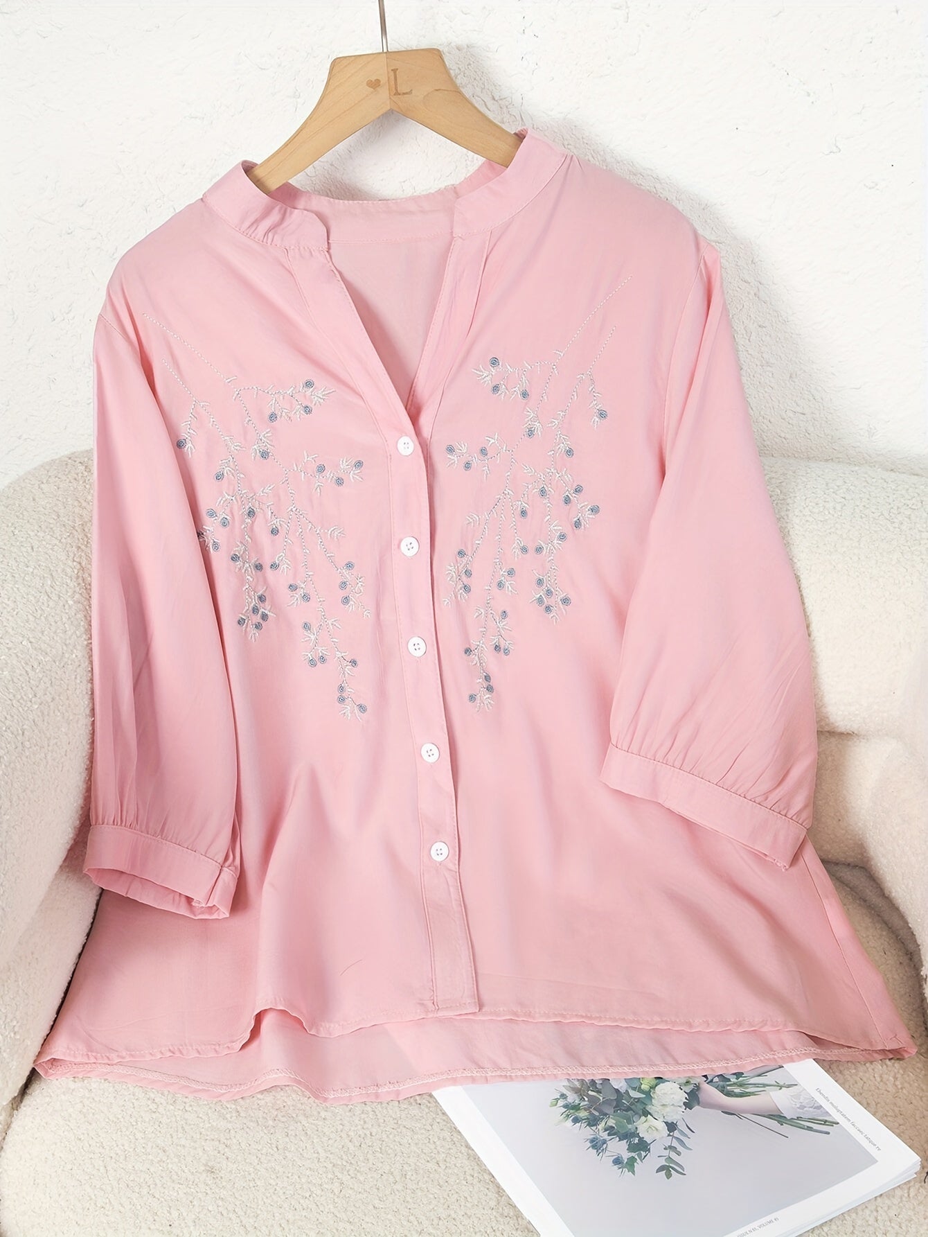 Damen Bluse Elegant Bestickt Locker Freizeit Büro Chic