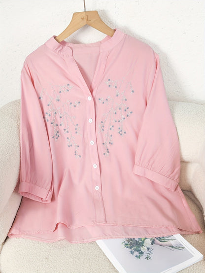 Damen Bluse Elegant Bestickt Locker Freizeit Büro Chic
