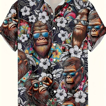 Herren Hawaiihemd mit Gorillamotiv und tropischem Print – Lustiges Sommer Freizeithemd