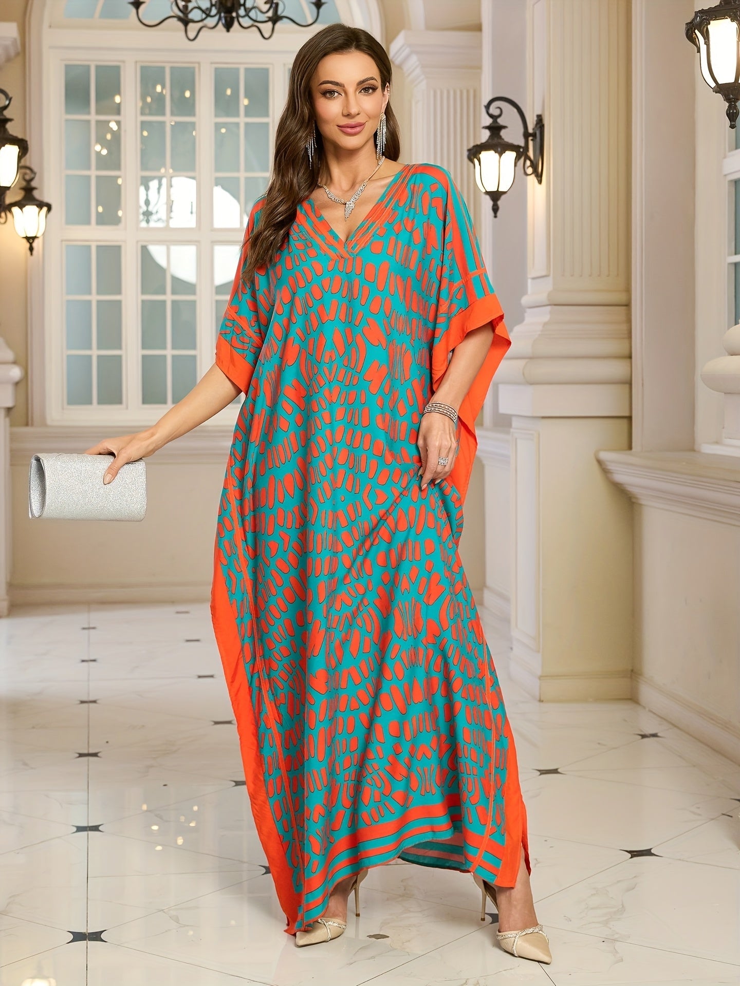 Damen Kaftan Maxikleid Boho-Stil mit V-Ausschnitt für Urlaub und Alltag