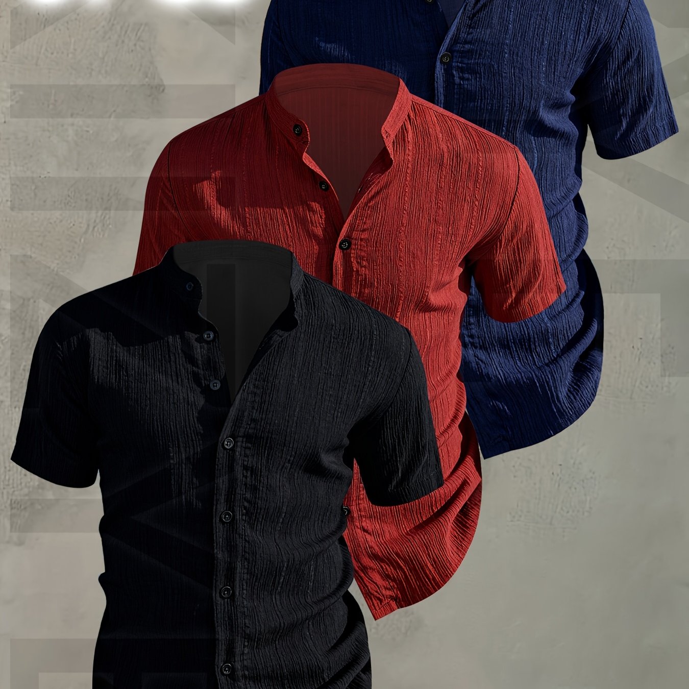 Herren 3er-Pack Stehkragen Hemden – Modischer Freizeit Look, Kurzarm, Knopfleiste