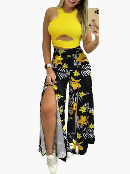 Damen Maxirock mit tropischem Blätterprint und Cut-Out Top – Eleganter Sommer-Look für Freizeit & Urlaub