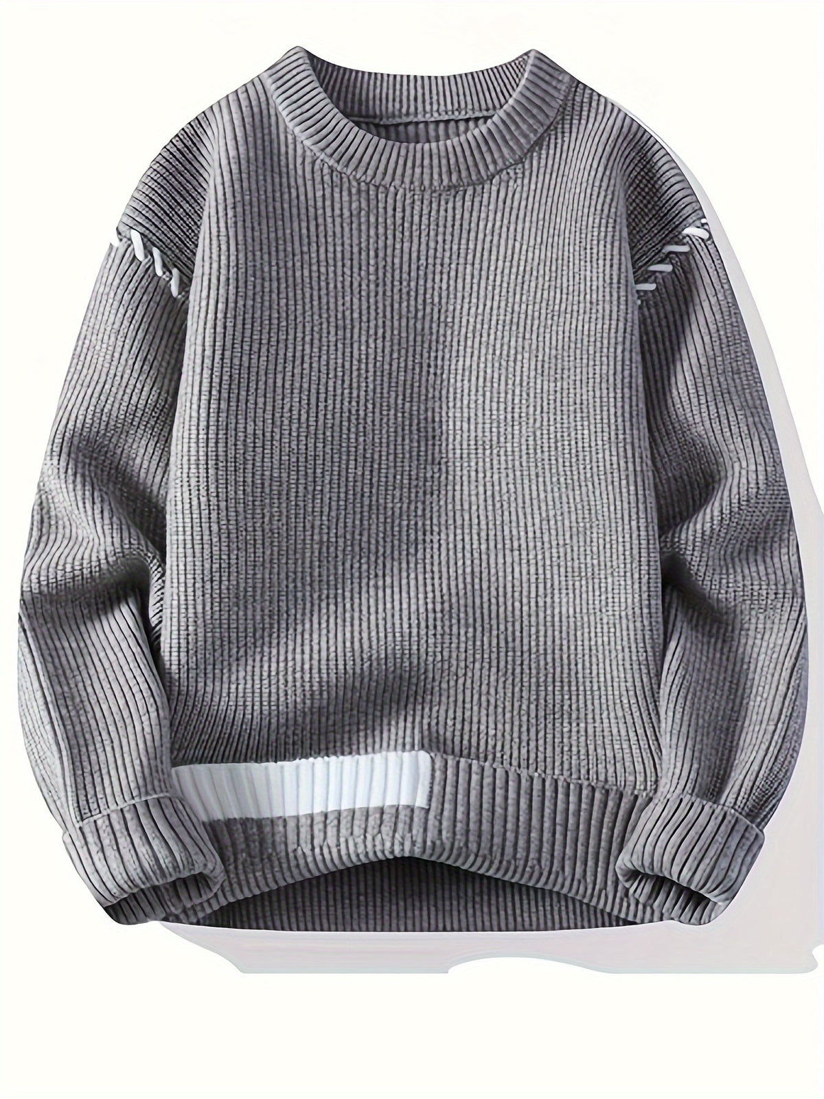 Unisex Rippstrick Pullover Rundhals mit Streifenmuster an Ärmeln und Saum